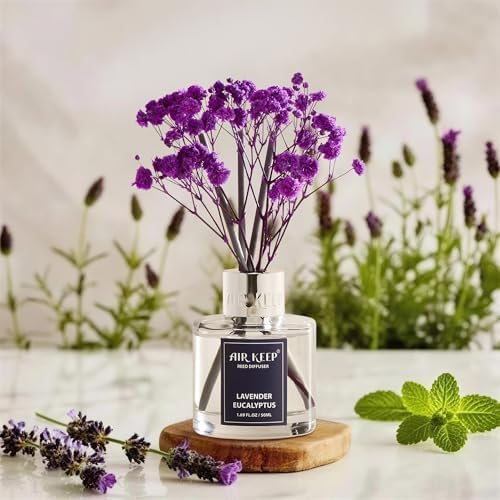 Airkeep Reed Diffuser Set,1.69 fl oz (50 ml) - Lavender Eucalyptus Oil Diffusers with 8 Reed Sticks,Home Fragrance Reed Diffuser for Bathroom Shelf Decor
