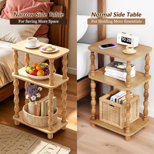 3-Tier Small Side Table, Narrow End Table, Natural Wood