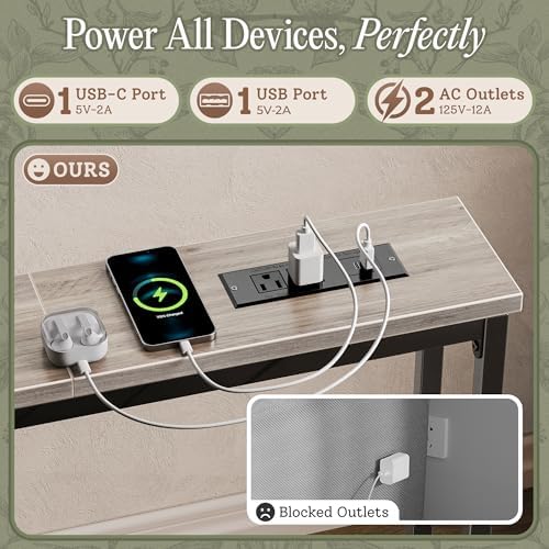 Huuger 110.2 Inch Behind Couch Table with 2 Power Outlets and USB-C Ports, Extra Long Narrow Sofa Table for Sectional Sofa, Skinny Console Table with Anti-Bump Pads, for Living Room, Oak