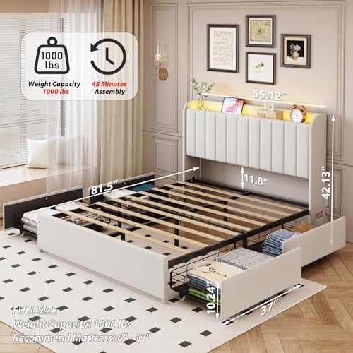 Full Bed Frame with 4 Drawers and Storage Headboard, Upholstered Platform Bed Frame Full Size with Led Lights and Handy Charging Station, No Box Spring Needed, Easy Assembly, Noise Free, Beige