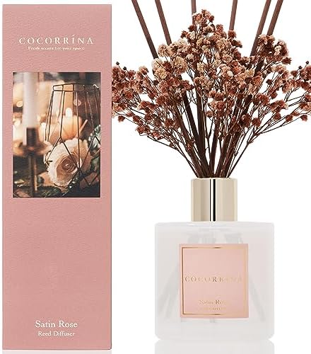 Cocorrína Reed Diffuser Sets- Satin Rose Scented Diffuser with Sticks Home Fragrance Reed Diffuser for Bathroom Shelf Decor