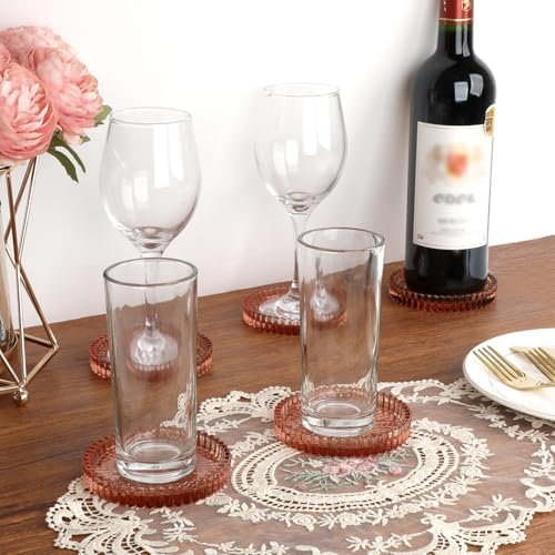 Modern Clear Coaster Set of 5- Glass Coasters for Drinks, Clear Red