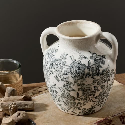Vintage Vase with Handles, Ceramic Utensil Holder, Flower Decorative Vase Chinoiserie Decor Rustic Farmhouse Retro Floral Vases for Table Bookshelf Mantel Kitchen Living Room Office - 6.7” Gray 018