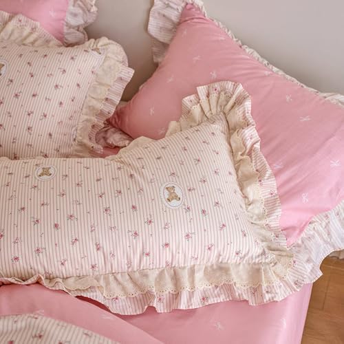 Floral Duvet Cover Full Size 100% Cotton Lace Trim Comforter Cover Full Ruffle Vintage Boho Zipper Duvet Cover Set with 2 Pillow Cases Chic Aesthetic Bedding Set for Girls Duvet Protector