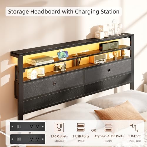 Full Size Bed Frame with Headboard & 2 Fabric Drawers, Black Oak