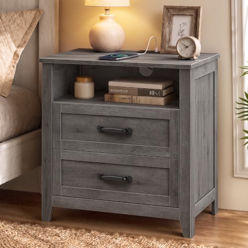 VASAGLE Farmhouse Nightstand with Charging Station, 2 Drawers, Open Shelf