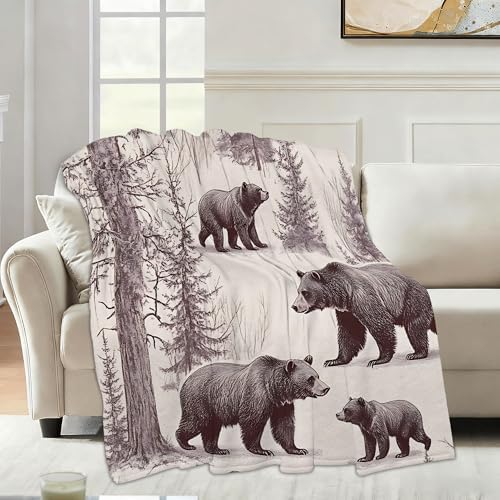 Forest Bears Fall Throw Blanket,Vintage Animal Cozy Plush Fluffy Blanket for Living Room Decor,Lightweight Fleece Throws for Couch,Bed,Traveling,Naps,Reading,60 X 80 Inch