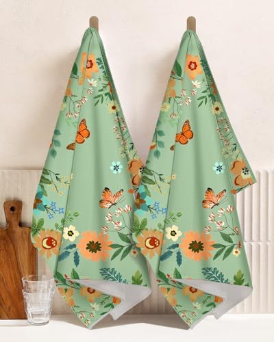 Miss Adola Cute Kitchen Towels Set of 2, 18 x 26 Inch, Green Butterfly