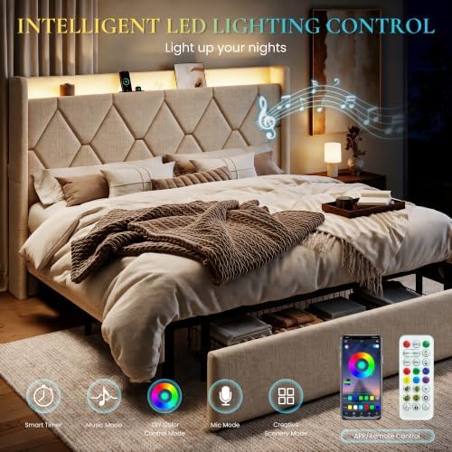 SHA CERLIN King Size Bed Frame with Storage Drawer & LED Lights, Beige