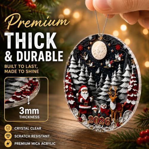 Santa Christmas Tree Ornament 2026 Capturing the Charm of a Paper Quilling–Inspired Woodland Winter Scene, Acrylic Holiday Keepsake for Scandinavian Christmas Decor