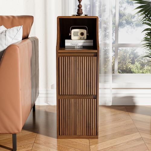 Fluted Narrow Nightstand, Skinny Bedside Table with 2 Drawers, Wooden Small Vintage Side Table, Mid Century Modern Night Stand, Slim End Table, for Bedroom, Living Room, Walnut, Brown