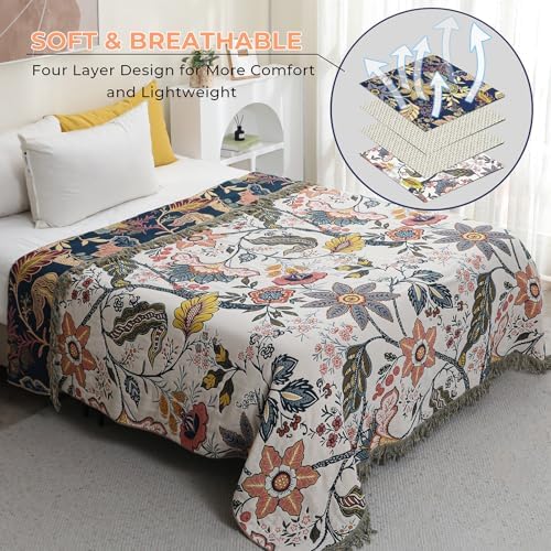 100% Cotton Boho Throw Blanket for Bed Couch Travel 60"x80"