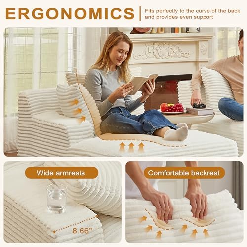 66" Chaise Lounge Chair Indoor, Corduroy Upholstered Reading Chair Oversized Boneless Chair with Deep Seat, Cloud Lounge Chair with 3 Pillows for Living Room, Bedroom, No Assembly Required
