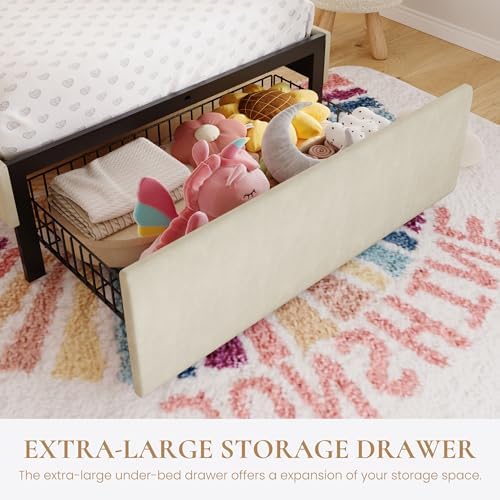 SHA CERLIN Twin Size Bed Frame with LED Lights and Storage Drawer, Cream