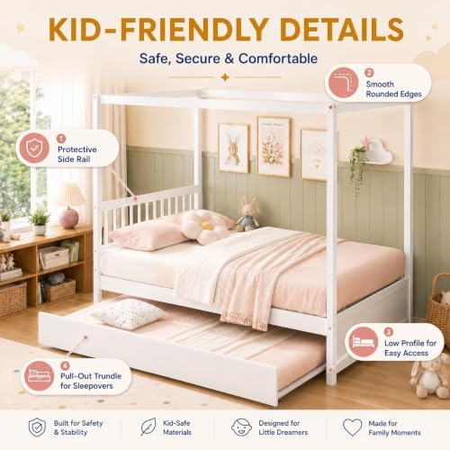 Full Size Canopy Bed with Trundle, Solid Wood Daybed Frame for Kids and Teens, Heavy-Duty 600 lbs Support, Space-Saving Guest Bed for Bedroom or Apartment