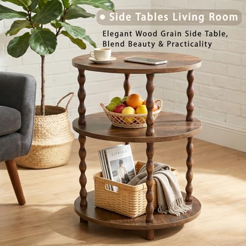 Round Side Table, 3-Tier End Table with Storage, Rustic Brown