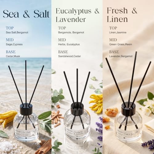 AUEFLIE Reed Diffuser Set of 3, Sea Salt/Eucalyptus Lavender/Fresh Linen