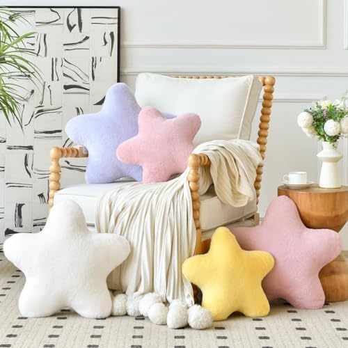 Star Pillow, Decorative Throw Pillows for Bed Couch, 15" Star Shaped Pillow Plush Floor Cushions Room Decor Pillow with Soft Faux Rabbit Fur for Sofa Bedroom Living Room
