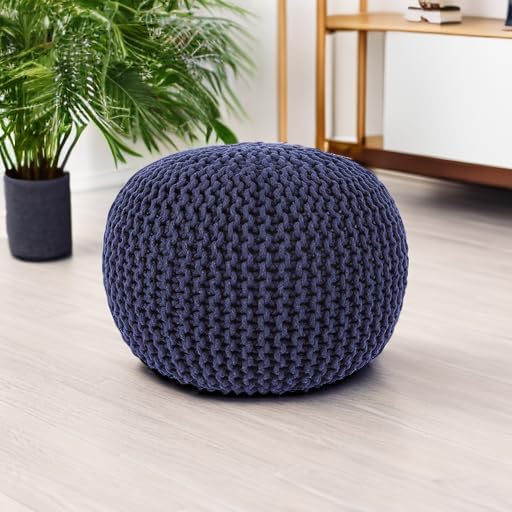 · REDEARTH · Round Ottoman - Hand Knitted Boho Poof Footrest - Navy Blue