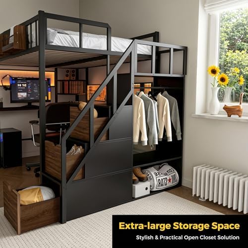 Twin Loft Bed with Desk, Stair, Headboard and Storage (Black)