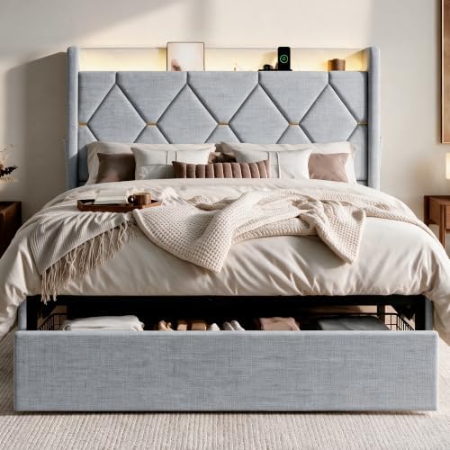 SHA CERLIN Queen Size Bed Frame with Storage Drawer & LED Lights, Grey