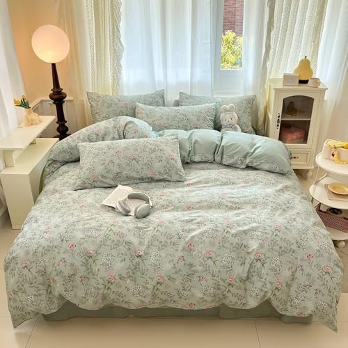Green Floral Duvet Cover Full Size 100% Cotton,Rustic Cottagecore Duvet Cover with 2 Pillowcases,Soft Breathable Aesthetic Quilt Covers with Zipper Full Size 80"×90"