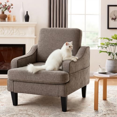 Accent Chair for Living Room,Mid-Century Arm Chair Chenille Fabric Living Room Chairs,Upholstered Reading Chair for Bedroom,Single Sofa Chair with Wood Legs for Apartment (Brown)