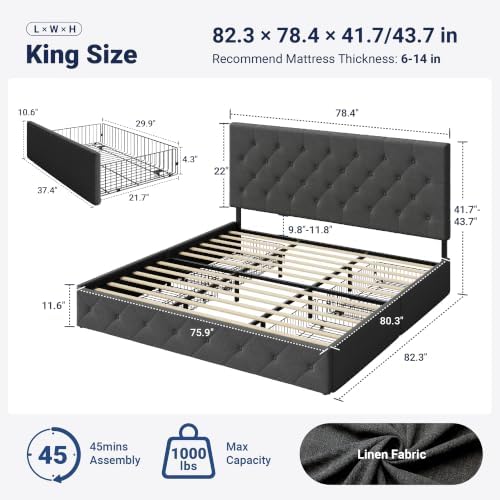 Allewie King Size Storage Bed Frame with 4 Underbed Drawers, Upholstered Platform Bed with Adjustable Headboard, Diamond Button Tufted, Easy Assembly, Noise-Free, No Box Spring Needed, Dark Grey