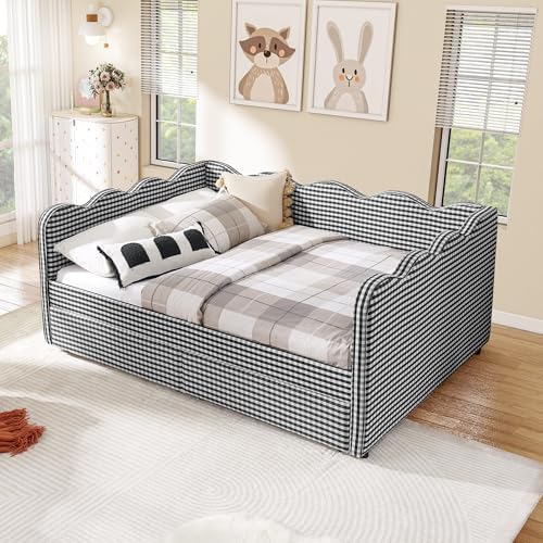 Full Size Daybed with Storage Drawers, Linen Gingham Daybed with USB Ports & Wave Shaped, Upholstered Day Bed Frame, Modern Sofa Bed for Living Room/Bedroom/Guest Room, No Box Spring Needed, Black