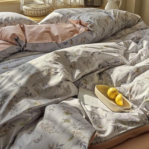 AOJIM Floral Print Duvet Cover Twin, 3-Piece Soft 100% Cotton Vintage Bedding Set - Colorful Floral & Butterfly Pattern Comforter Cover with Zipper Closure and 2 Matching Pillowcases for Room Decor