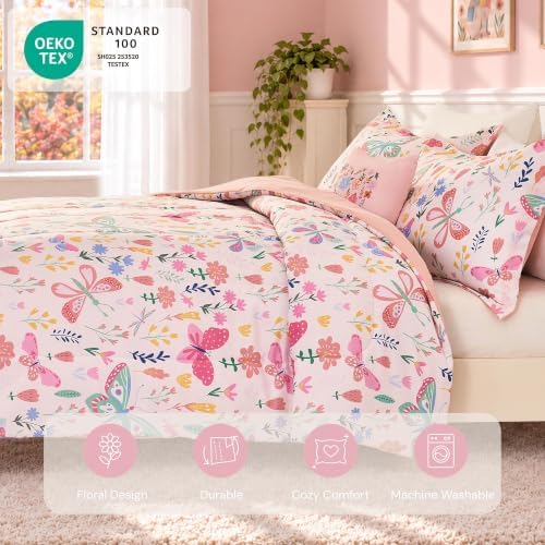 Twin Comforter Set for Girls-3 Pieces Pink Floral Twin Bedding Sets