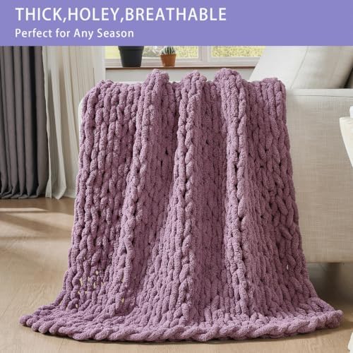 Bigacogo Chunky Knit Throw Blanket for Couch, 40x40 inches, Winter Grape