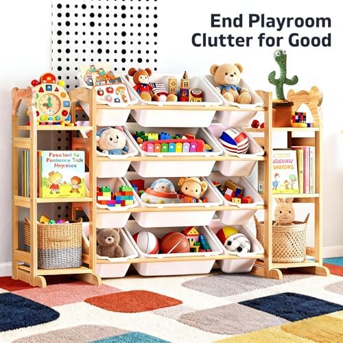Toy Storage Organizer with 6 Shelves and 12 Bins, Toy Organizers and Storage Shelf with Bookshelf and Bookcase, Toys Box for Kids Room & Playroom & Bedroom & Nursery