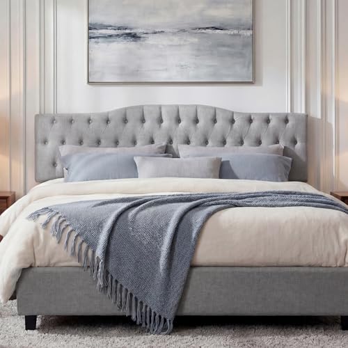 Iroomy Upholstered Full Headboard, Button Diamond Tufted Headboards with Adjustable Height and Solid Wood Leg, Linen Fabric Padded Headboard for Full Size Bed, Mordern Head Board, Grey