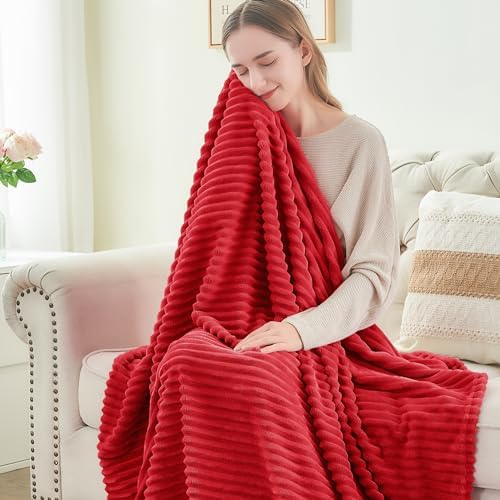 BEDELITE 3D Ribbed Jacquard Red Blankets Queen Size for Bed, 90x90 Inch