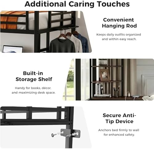 Twin XL Loft Bed with Desk, USB Charging Station, LED Light and 2 Storage Shelves, Metal Heavy Duty Loft Bed Twin Size for Adults, Teens, No Box Spring Needed (Black, Twin XL)