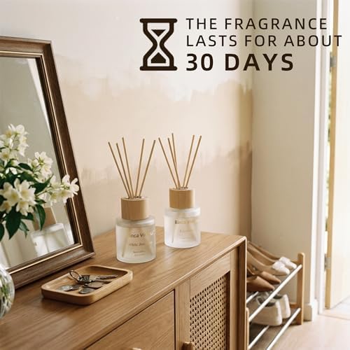 Reed Diffuser Set, Binca Vidou Lavender & White Jasmine Natural Scent Oil Diffusers with Sticks for Home Office Bathroom Aromatherapy Decor 1.69oz x 2