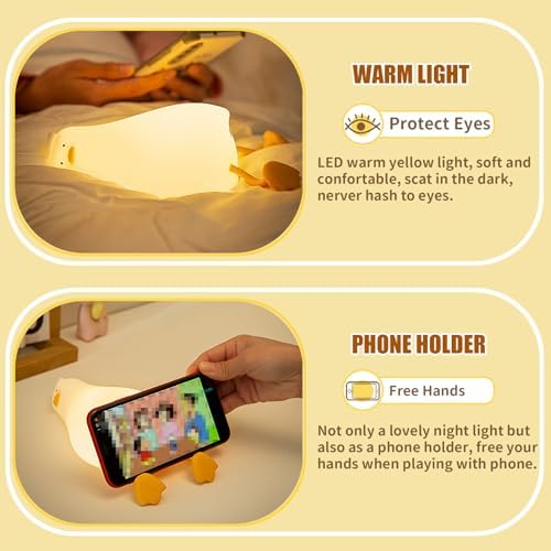 Duck Night Light LED, Lying Flat Silicone Duck Lamp, 3-Level Dimmable Cute Night Light, Rechargeable Touch Bedside Lamp, Nursery Baby Kids Room Decor, Breastfeeding Toddler Light