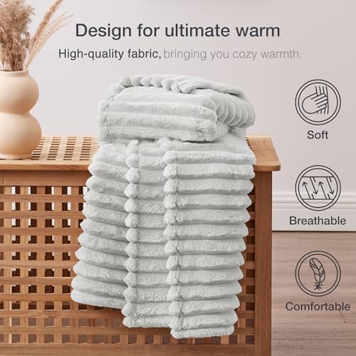 EXQ Home Stripe Jacquard Throw Blanket Light Grey for Couch Gentle Soft