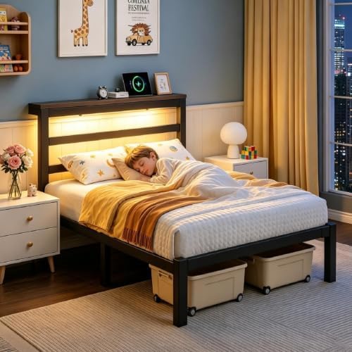 Twin Bed Frame with Charging Station and LED Lights Headboard, Black