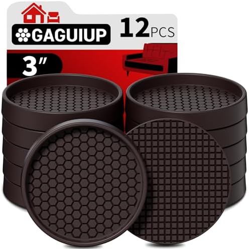 Non Slip Furniture Pads- 3"x3" Round Anti Skid Caster Cups Furniture Coasters, Anti-Sliding Grippers Floor Protectors for Furniture Bed, Couch, Chair Leg, Brown(Set of 12)