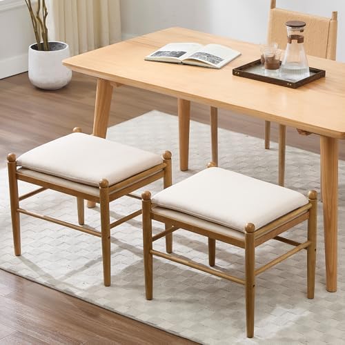 Ottoman Footrest Set of 2, 19 Inch Upholstered Vanity Bench Seat, Backless Makeup Stool with Solid Wood Legs for Dining Room/Bedroom/Living Room/Entryway,Brown Frame, Beige Linen