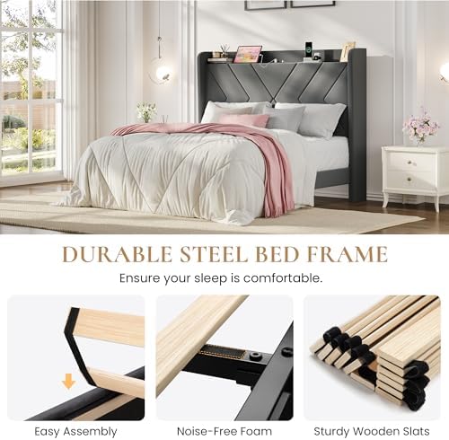 SHA CERLIN Full Size Bed Frame, Velvet Upholstered Platform Bed Frame with Wingback Storage Headboard & Charging Station, Geometric Tufted Design, No Box Spring Needed, Easy Assembly, Grey