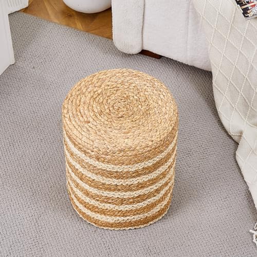 14" Boho Pouf Patio Ottomans Natural Straw Handweave Rustic Round Footstool