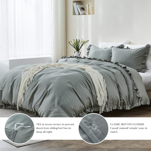 Simple&Opulence Kids 100% Organic Cotton Duvet Cover with Ruffle 104 x 92-3 PCS High End Floral Frill Lace Bedding, Romantic Cottagecore Style Comforter Cover with 2 Pillowcases, Gray King