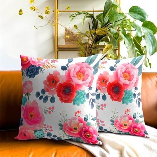 Watercolor Peony Throw Pillow Covers 22x22 Inch Set of 2 Pink Floral Girly Green Leaves Decorative Pillow Case Spring Summer Flower Square Cotton Cushion Cover for Home Couch Bed