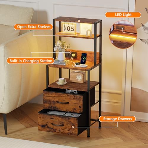 Furnulem Night Stand, Tall Nightstand with 4-Tier Shelves, 2 Fabric Drawers