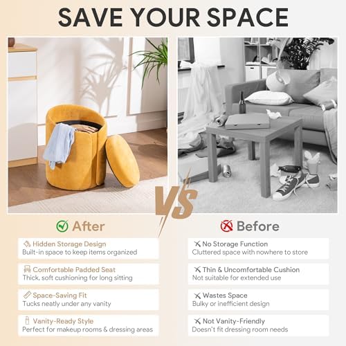 Storage Vanity Stool with Gold Base Comfy Vanity Chair Modern Round Stool for Makeup Vanity Ottoman Foot Rest for Bedroom livingroom, Yellow