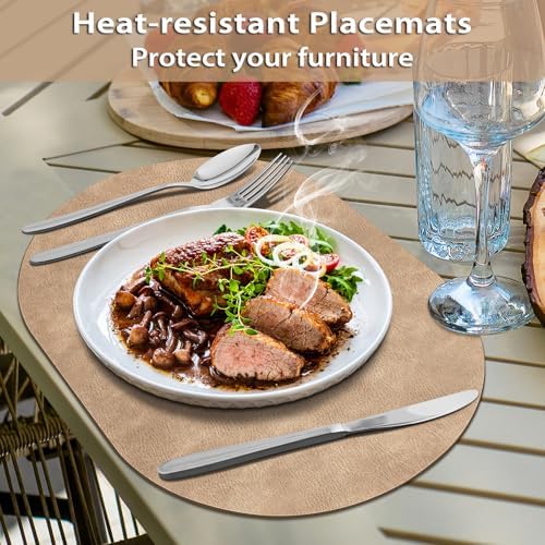 ADRIMER Oval Placemats Set of 12, Wipeable Faux Leather, Apricot