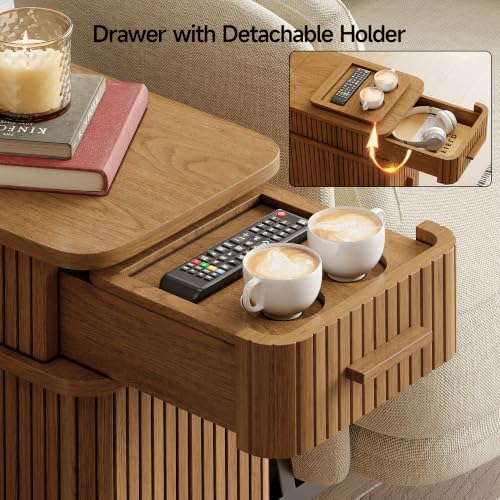ONBRILL Fluted End Table, Narrow Side Table, 23.62" H, Caramel Color